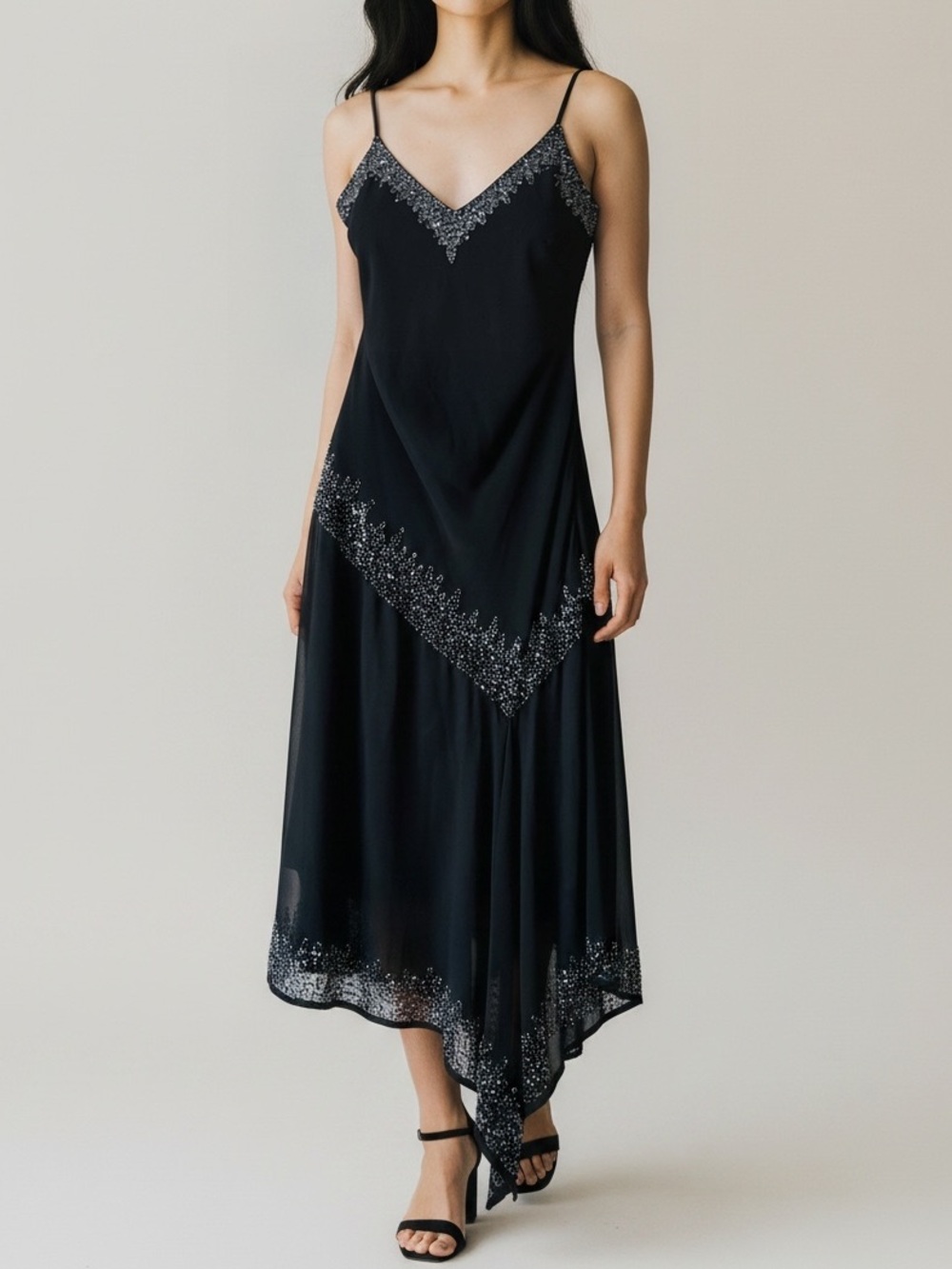 Jkara New York Silk-feel Hand beaded Beaded Black Asymmetrical Slip Midi Dress L